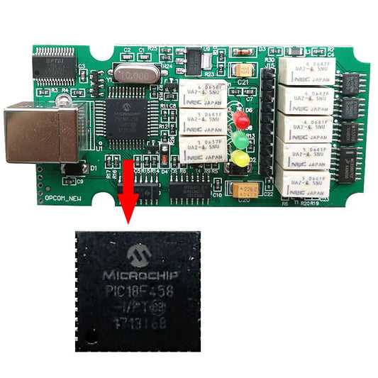 OPCOM 1.70/1.95 OBD2 Diagnostic Tool for Opel main board with PIC18F458 microcontroller highlighted.